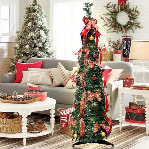 4FT Pop Up Christmas Tree Pre-lit Green Pencil w/Bow & Balls，60 Lights