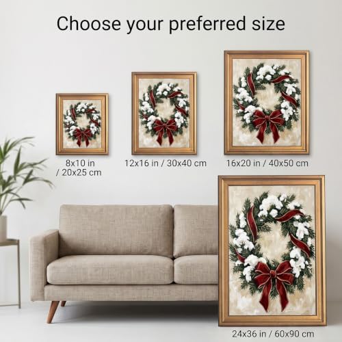 Framed Canvas Wall Art Expressive Painterly Evergreen Wreath Snow White and Red Accents Canvas Print Poster Gold Frame Wall Decor for Living Room Winter Art, Holiday Decor - Inch 16x20