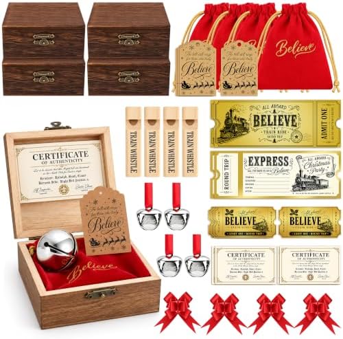 36 Pcs Christmas Believe Bell Golden Ticket Gifts Set Xmas Tree Ornaments