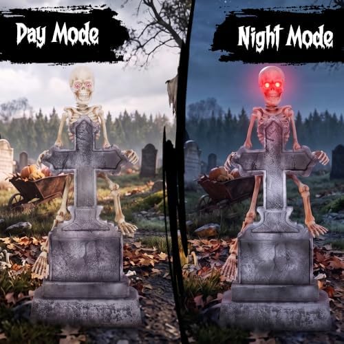 46" Halloween Animatronic Tombstone Decor, Sound‑Activated Swaying Skeleton
