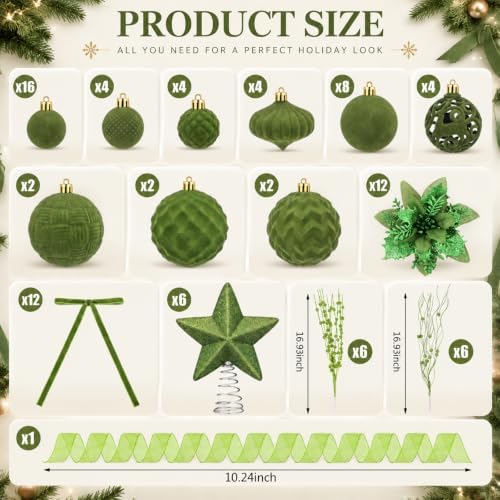 84 Pcs Christmas Tree Decorations Star Topper Ornaments Artificial Poinsettia Flowers Green Balls Velvet Bow Berry Picks Christmas Tree Hanging Ornaments for Xmas Home Office Decorations