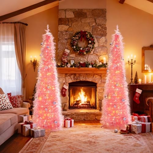Christmas Tree 6FT Artificial Xmas Decor Pop Up with Decoration Pink