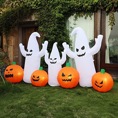 SAND MINE 8 FT Long Lighted Halloween Inflatable Ghosts with Pumpkins, Halloween Blow Up Decorations for Halloween Indoor Outdoor Garden Lawn Party Yard Decorations