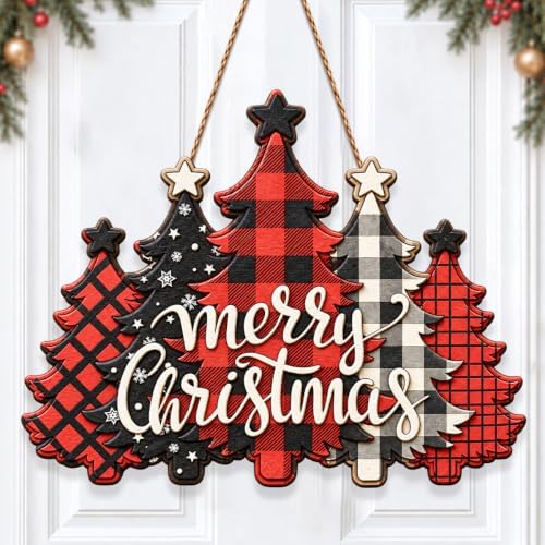 Christmas Decorations Buffalo Plaid Christmas Tree Hanging Wooden Sign