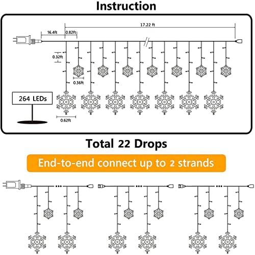 Christmas Snowflake Lights Outdoor, 17.22ft 264 LED Snowflake Icicle Lights with 22 Drops, 8 Modes connectable Plug In Christmas Light Waterproof for Eaves, Garden, Indoor & Outdoor Decor (Warm White)