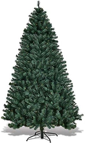 HAPPYGRILL 7FT Pre-lit Christmas Tree Artificial Hinged Xmas Tree for Home Holiday Décor Metal Stand PVC Material 300 LED Lights 1096 Branches Easy Setup & Storage