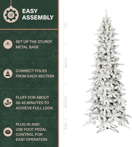 Fraser Hill Farm 7.5-Ft. Slim Mountain Pine Flocked Artificial Christmas Tree with Warm White LED Lights and Stand, Prelit Foldable Fake Tree with Realistic Snowy Foliage for Home Decoration