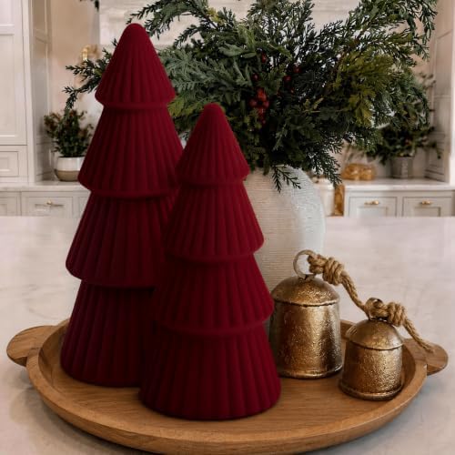 Christmas Decorations - Set of 3 Velvet Ceramic Christmas Trees (Red)