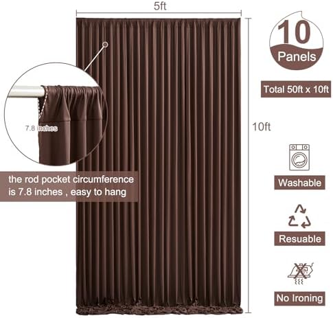 10 Panels Brown Backdrop Curtain for Parties Wedding Wrinkle Free Brown Photo Curtains Backdrop Drapes Fabric Decoration for Birthday Party Baby Shower 50ft(W) x 10ft(H)