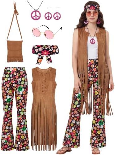 SOMSOC 7 Pieces 60s 70s Women Hippie Costume Fringe Vest Bag Pant Headband for Disco