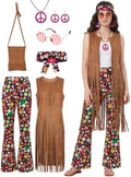 SOMSOC 7 Pieces 60s 70s Women Hippie Costume Fringe Vest Bag Pant Headband for Disco