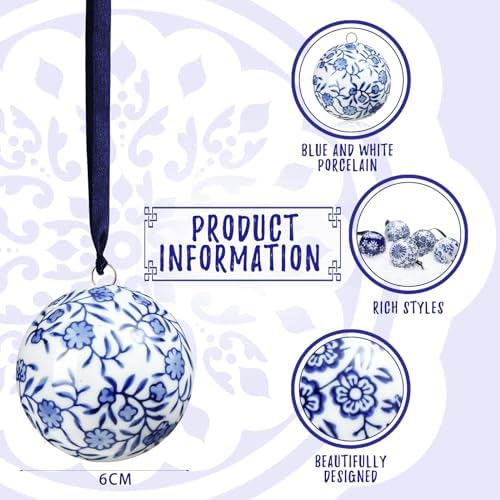 Cindeer 6 Pcs Blue and White Christmas Porcelain Balls, Classic Style
