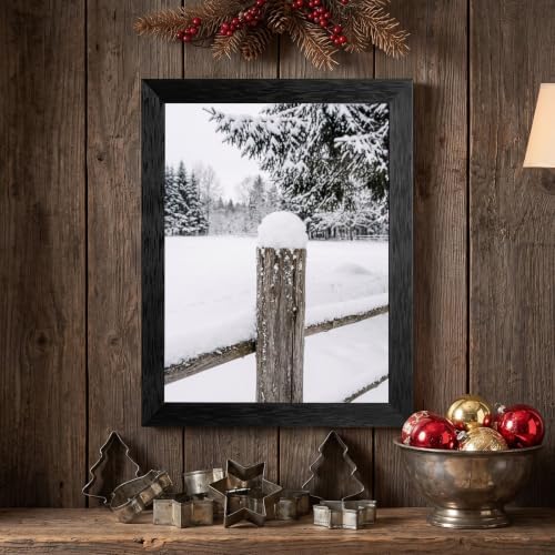 Framed Winter Fence Canvas Wall Art, Snow Scene, Black Frame Inch 12x16