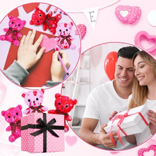Poen 18 Pack Valentines Day Bears Bulk with Heart Cards Mini Valentine Stuffed Animal with Heart Pattern Bears Toys Keychains for Kids Boy Girl Classroom Prize Goodie Bag Stuffers Party Favor
