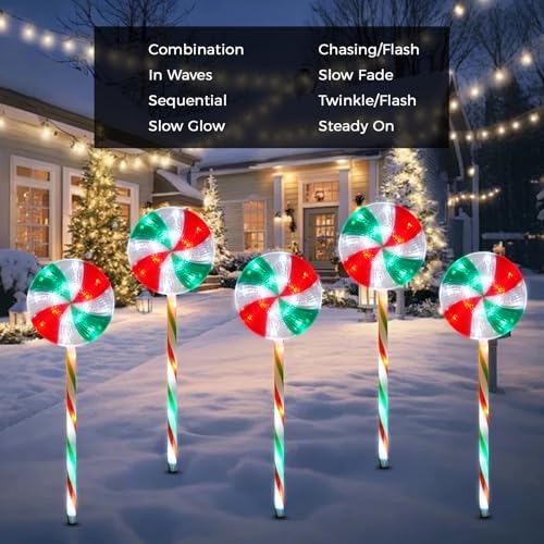 BRIGHTDECK 5 Pack Solar Christmas Pathway Lights, Lollipop Stakes
