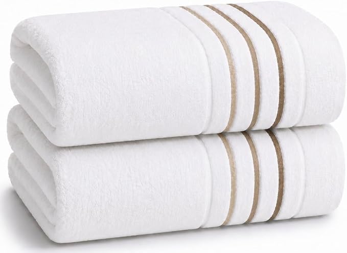Bath Towels Set for Bathroom – Luxury 6-Piece Cotton Towels, Soft Absorbent & Quick Dry, 600 GSM Bath Towels for Bathroom, Hotel Spa Quality (White/Taupe, 2-Bath Towel Set)