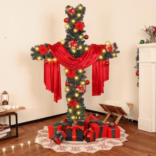 Justforjoyful 5ft Christmas Cross Tree with Light & Scarf，Red Poinsettias