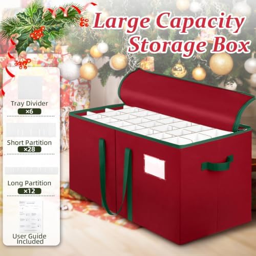 SeasonBliss Christmas Ornament Storage Box, Large Holds 256 Balls, Red