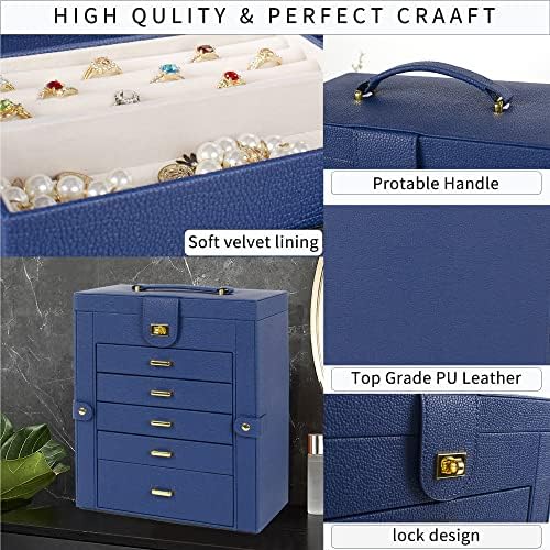 AKOZLIN 6-Tier Jewelry Box Organizer 5 Drawers Storage Blue Large