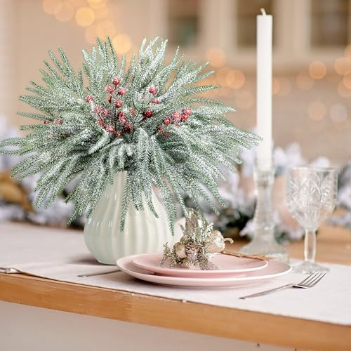 60 Pcs Christmas Snow Norfolk Pine Branches Red Berry Stems Faux Xmas Sprig