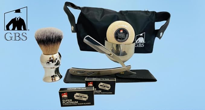 G.B.S Shavette Straight Razor Shaving Kit - Vintage Wet Shave Grooming Set for Men Includes: Shavette Edge Razor, Shaving Brush, Toiletry Bag, Shave Soap, Bowl, Double Edge Razor Blade Refills