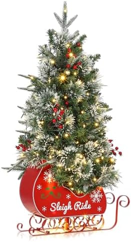 Garvee 3FT Christmas Tree, Pre-Lit Artificial Christmas Trees with Lights, Small Xmas Trees with Sleigh Base & 78 Warm White Lights, Christmas Decoration for Home, Office,1 PCS