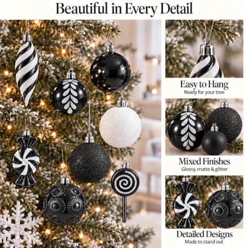 130 Pcs Christmas Ball Ornaments, Christmas Tree Decoration Set Red Christmas Ball Shatterproof Hanging Ornament Decorations for Christmas Tree, Wreaths, and Outdoor Displays (Black)