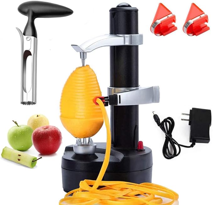 Electric Potato Peeler Automatic Potato Peeler Machine, Electric Peeler Fruits and Vegetables, Apple Peeling Machine for Kitchen [1 Adapter 2 Extra Blades] with Apple Corer (Black-B)