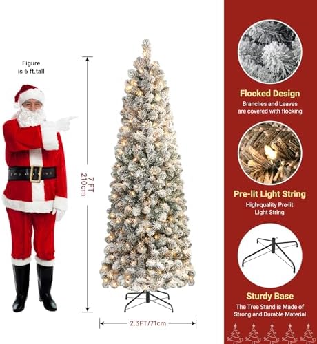 SHareconn 7ft Prelit Snow Flocked Artificial Slim Pencil Christmas Tree