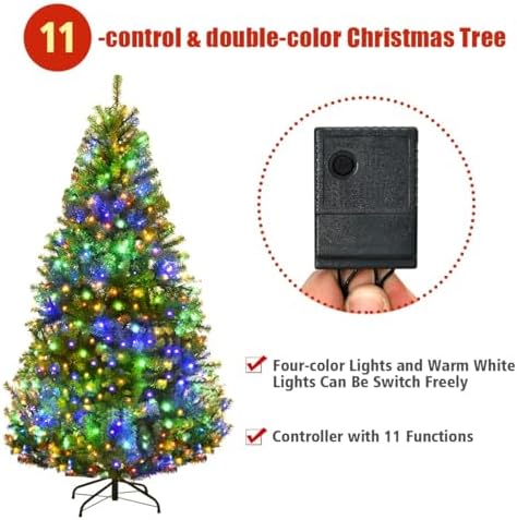 HAPPYGRILL 6 FT Pre-Lit Artificial Christmas Tree, Artificial Hinged Tree with 350 LED Lights, 1000 PVC Branch Tips and Foldable Base, Premium Spruce Tree with 11 Color Modes for Holiday Decor