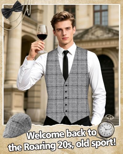 1920s Mens Costume, Roaring 20s Costumes for Men 1920s Mens Outfit with Walking Cane Vest Hat 1920 Mens Accessories