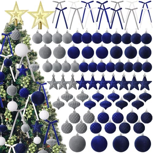 Hollowfly 95 PCS Velvet Christmas Tree Decor Set, Blue, Gray, White