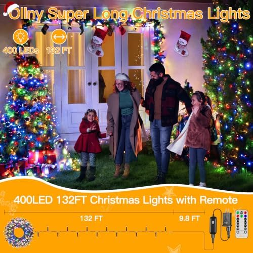 Ollny Christmas Lights 400LED 132FT, Plug-in Outside Tree Lights with Timer and 8 Modes, Remote Control Waterproof Dimmable Outdoor String Lights for House Yard Patio Xmas Decorations (Multicolored)