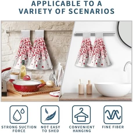 Valentines Day Hanging Kitchen Towels Set of 2 Valentine Pink Love Heart Hand Towels with Hanging Loops Holiday Wedding Romantic Dish Washcloth Soft Absorbent Tea Bar Bath Tie Towel