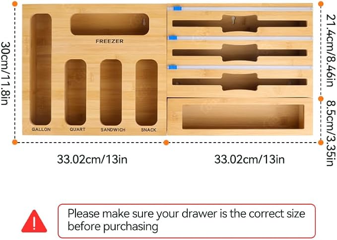 LDQ 9-in-1 Shatterproof Square Bamboo Storage Box - Aluminum Foil Dispensr with Cutter, Reusable Quarter Multi-Functional Sealed Bag Organizer for Kitchen Drawers, Walls, and Cabinetse