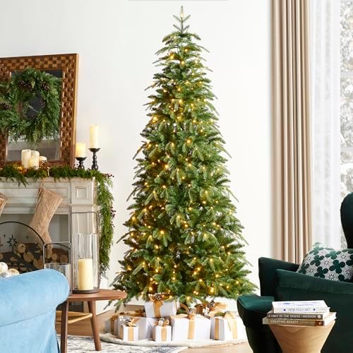Glitzhome Prelit Christmas Tree, 7.5ft Slim Christmas Tree, Hinged Artificial Tree Radiant Evergreen Fir with 400 Warm White/Multi-Color LED Lights,9 Function,w/Remote Control,Easy Assembly