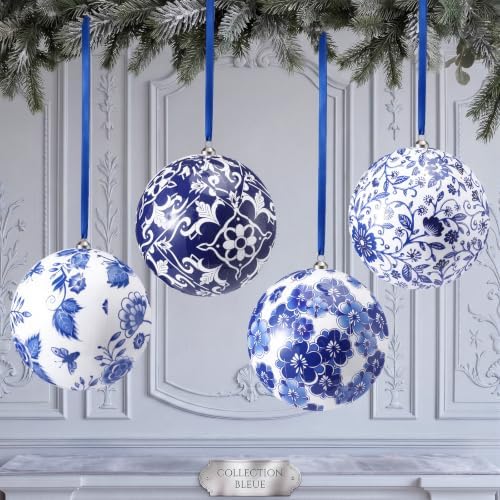 RoundFunny 4 Pcs Chinoiserie Christmas Ornaments 6 Inch Large Blue White Ball Ornaments with Ribbon Foam Porcelain Chinoiserie Christmas Decorations for Home Xmas Tree Party Decor, Not Porcelain