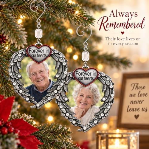 Memorial Photo Ornaments Set of 2 – “Forever in Our Hearts” Silver Heart with Angel Wings – in Memory Picture Ornament – Sympathy Gift for Loss of Loved One – 3.5" H x 3" W – Gift Storage Bags