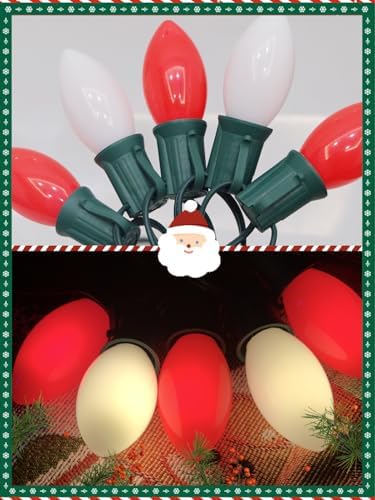 SUNSGNE C9 LED Christmas Lights Outdoor, 25ft Vintage Christmas Lights with 27 LED Red White Plastic Bulbs(2 Spare) for Patio Home House Balcony Xmas Decor, Green Wire