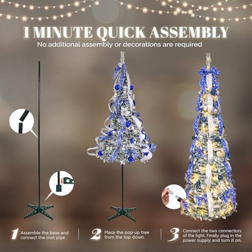 VINGLI 6ft Pre Lit Pop Up Flocked Pencil Christmas Tree with 150 Lights, Fully Decorated Collapsible Holiday Party Decoration (Blue&Silver)