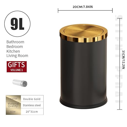 9L/2.4GAL Black and Gold Bathroom Trash Can, Small Trash Can with FILP Lid for Bathroom,Hotel,Office,Lundry,Powder Room (ＢＬＡＣＫ)