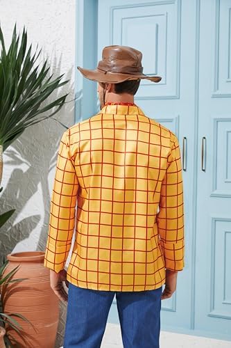 Cowboy Sheriff Costume Men's Plaid Button Down Shirt with Vest Bandana Star Badge Halloween Sheriff Cosplay Outfits