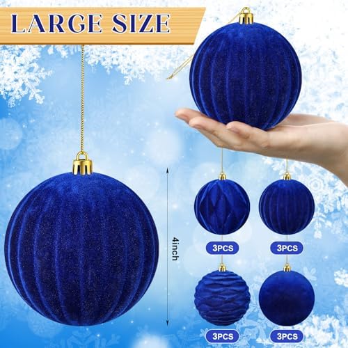 Liliful 4 Inch 12 Pcs Velvet Christmas Ornaments Balls, Blue