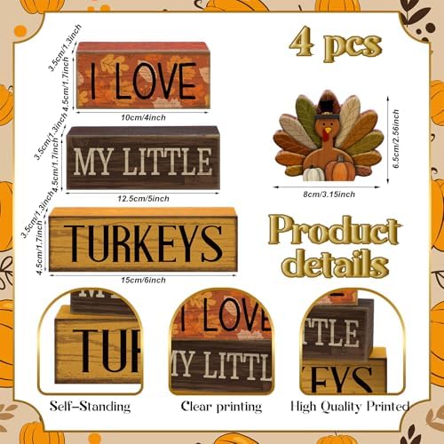 Lineshading 4 Pcs Thanksgiving Table Decoration, Turkey Wooden Block Signs