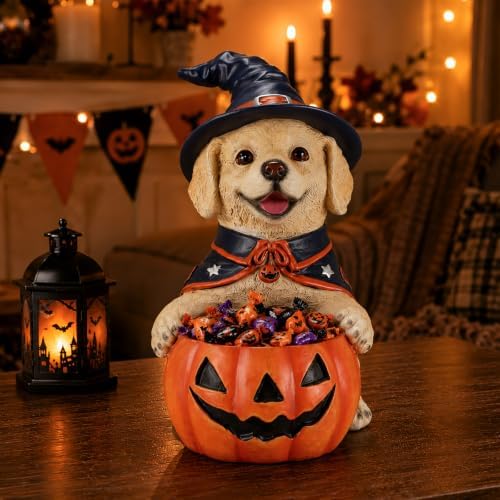 Halloween Decorations Labrador Puppy Figurine with Pumpkin Candy Bowl