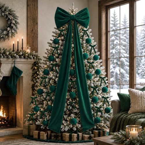 49 Pcs Dark Green Brown Christmas Tree Decoration Set with Velvet Bow Ball