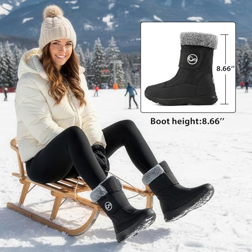 Almusen Snow Boots for Womens Winter Shoes: Warm Fur Lining Mid Calf Boots Women Anti Slip Waterproof Hook Loop Comfortable Outdoor Boot