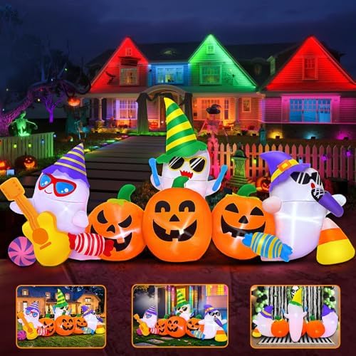 8FT Halloween Inflatable Decoration Ghost Pumpkin Band Decorations Outdoor Holiday Decor,LED Lights Blow Up Halloween Yard Decorations,Inflatables Outdoor for Holiday Garden Yard Lawn Décor