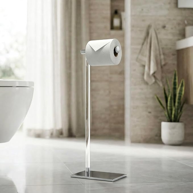 Gatco 1331C Modern Rectangle Base Freestanding Toilet Paper Holder, Chrome/Acrylic, Weighted Base Bathroom Tissue Stand 22.25"