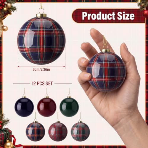 12 Pcs Plaid Christmas Ball Ornaments 2.36 Inch Green Blue Burgundy Balls